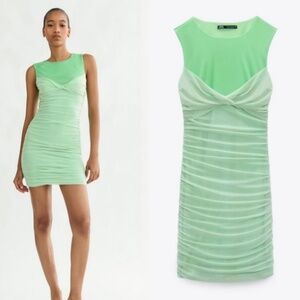 ZARA Green Tulle Ruched Mini Dress  M